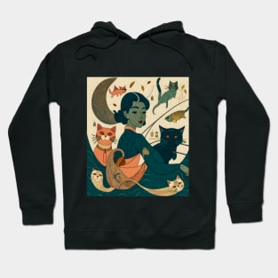 Vintage Art: Portrait of Girl Fishing with her cats Hoodie